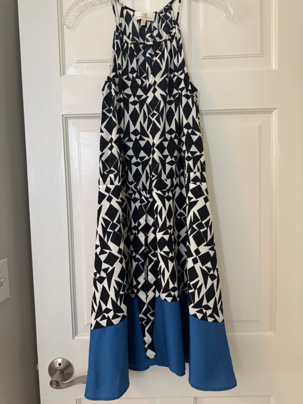 Collective Concepts Black, White & Blue Geometric High-Low Midi Dress